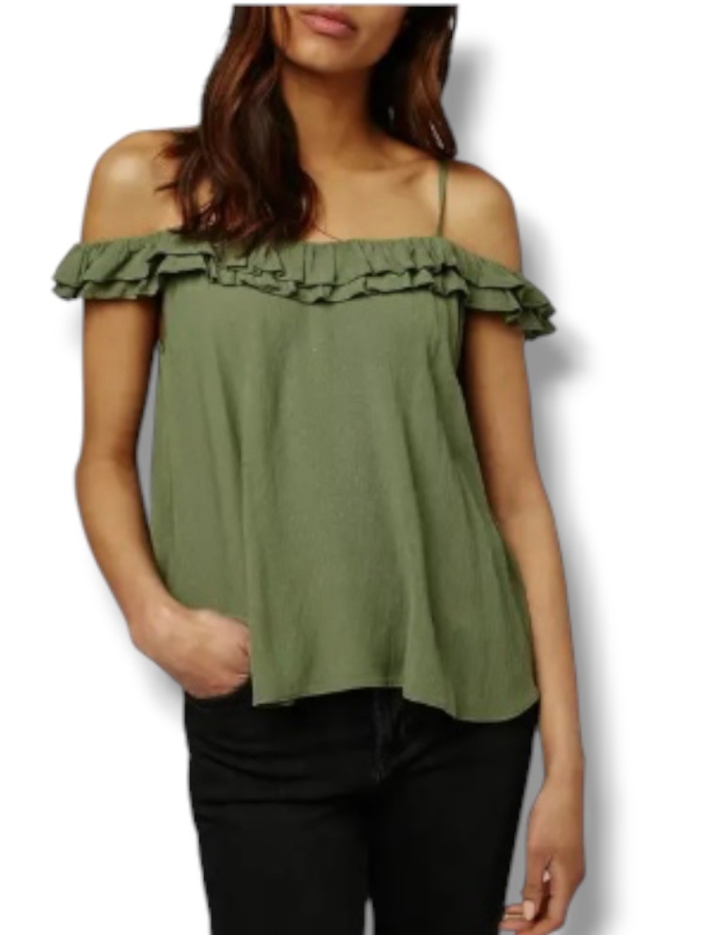 Top Shop Women’s Florence Ruffle Off the Shoulder Top Olive Green